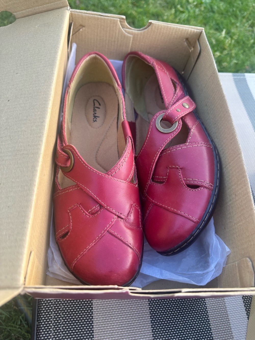 NEW Clarks Red Leather Mary Jane Cross Strap Comfort Shoes